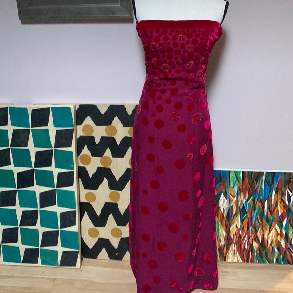 Kay Unger strapless maxi gown polka dot burnt velvet red purple sz 6